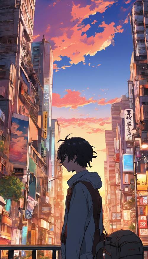 Batan güneşe bakan melankolik bir anime karakterinin yer aldığı, alacakaranlıkta canlı bir şehir manzarası.