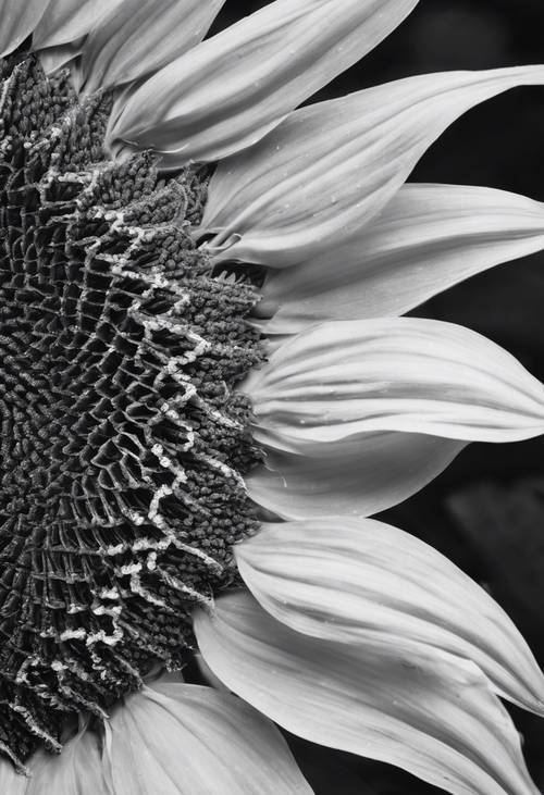 Close up shot of a sunflower in monochrome, displaying the textures and patterns on the petals and center of the flower.