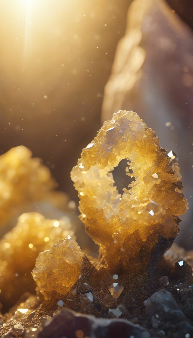 A yellow aura radiates from the heart of a crystal geode. Kertas dinding[45999eb973bd440684fd]