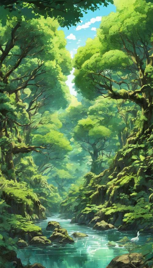 Explorez une forêt dense dans un anime, avec des arbres couverts de mousse et une rivière tranquille qui la traverse.