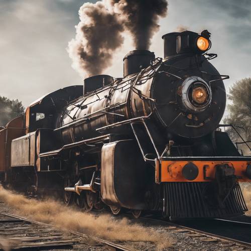Винтажный железнодорожный локомотив, дымящий белым дымом и оранжевыми искрами.