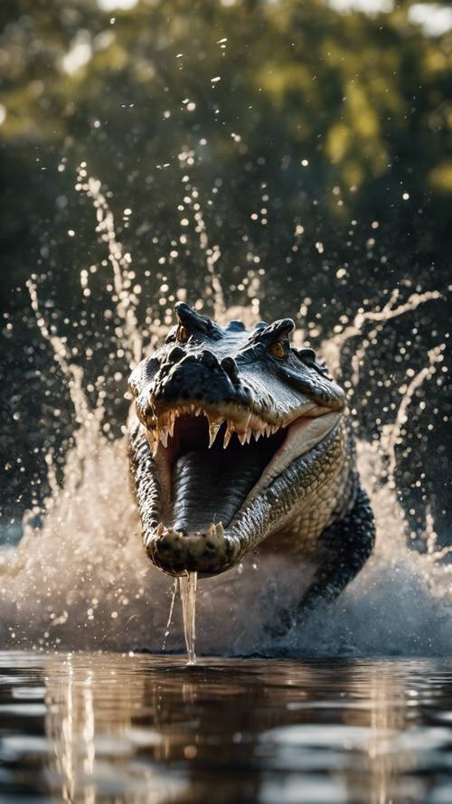 A splash as a massive crocodile lunges out of the water, seizing its prey.