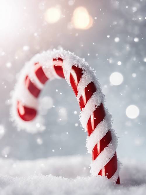 A red and white striped candy cane positioned artfully against a glittering white snowy backdrop.