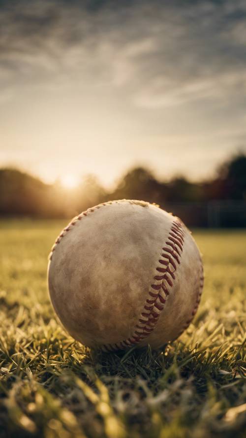 A grassy baseball field bathed in golden sunset light, with a close-up of a worn-out baseball on the pitcher's mound.