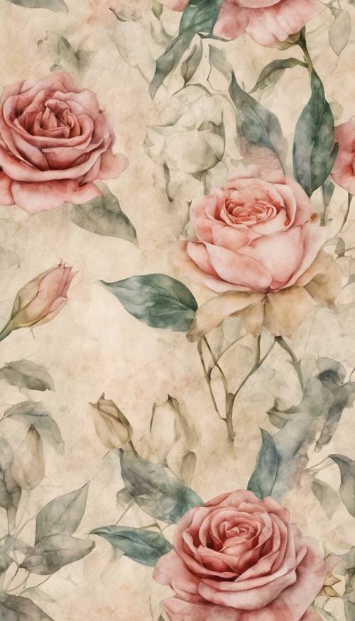 ウォーターカラーで描かれたデリケートなバラとユリが特徴のヴィンテージな花柄の壁紙