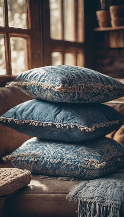 Стопка синих подушек с рисунком в стиле бохо в уютном уголке.