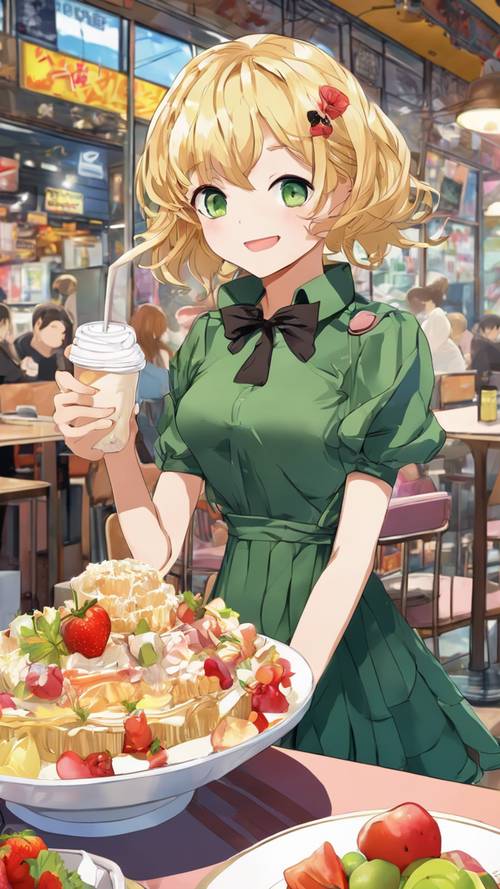 Một cô gái anime dễ thương với mái tóc vàng ngắn và đôi mắt xanh lục đang ăn một chiếc bánh parfait lớn đầy màu sắc trong một quán cà phê nhộn nhịp ở thành phố.