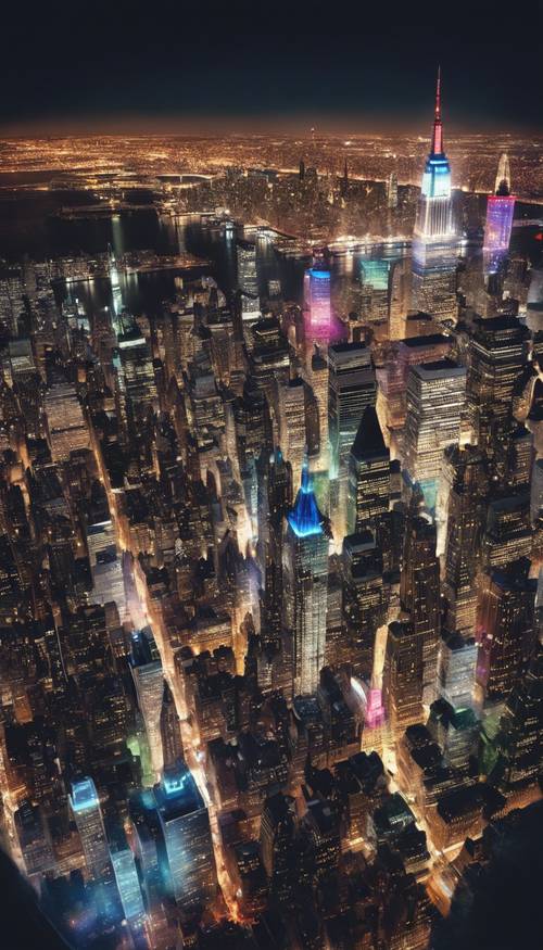 Вид с воздуха на Нью-Йорк, сверкающий множеством разноцветных огней под ночным небом.