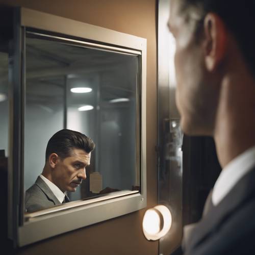 A detective looking at a two-way mirror watching a suspect in the interrogation room.