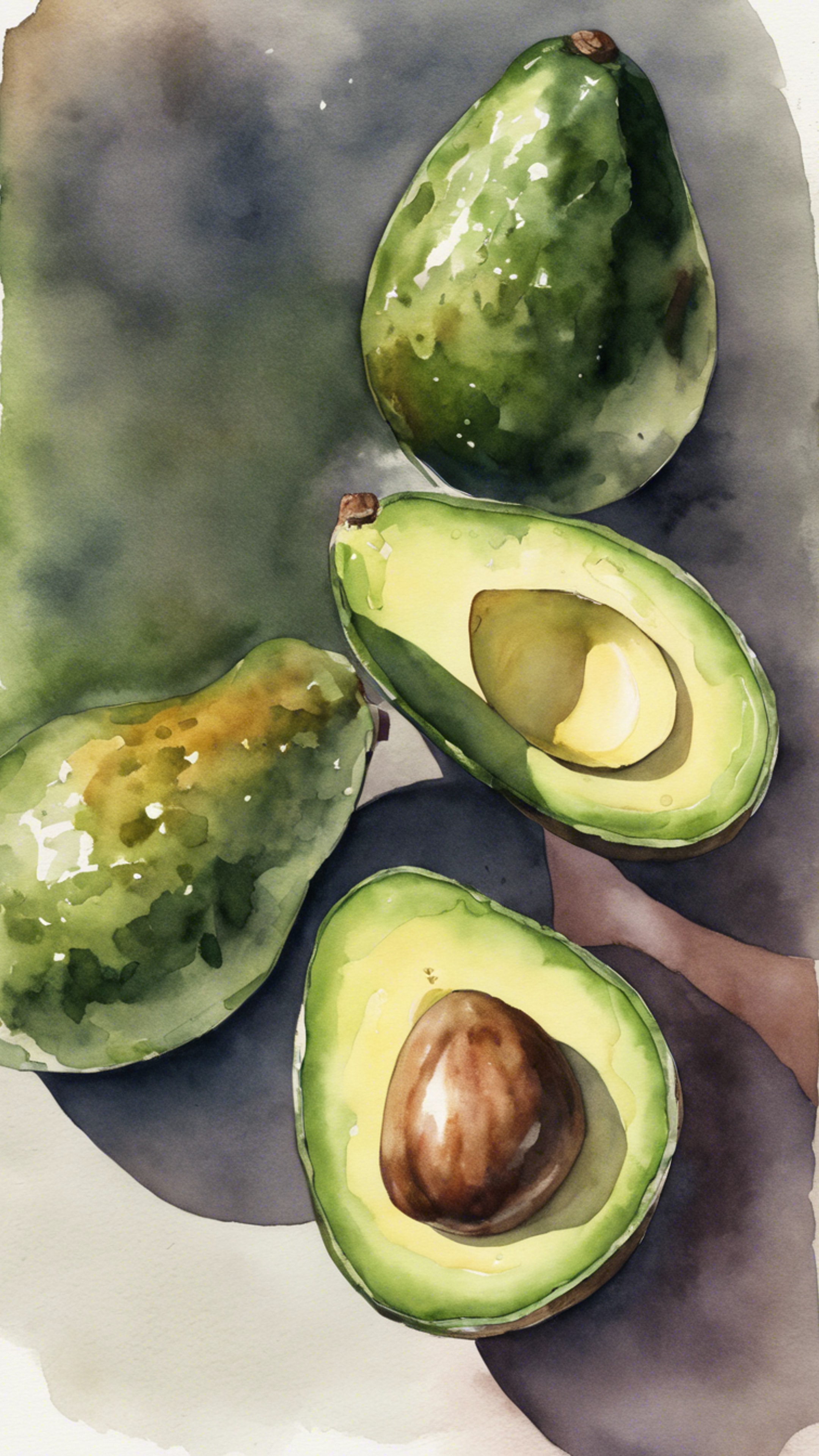 A watercolor painting of a avocado softly lit from one side Hintergrund[458247d877aa491ea175]