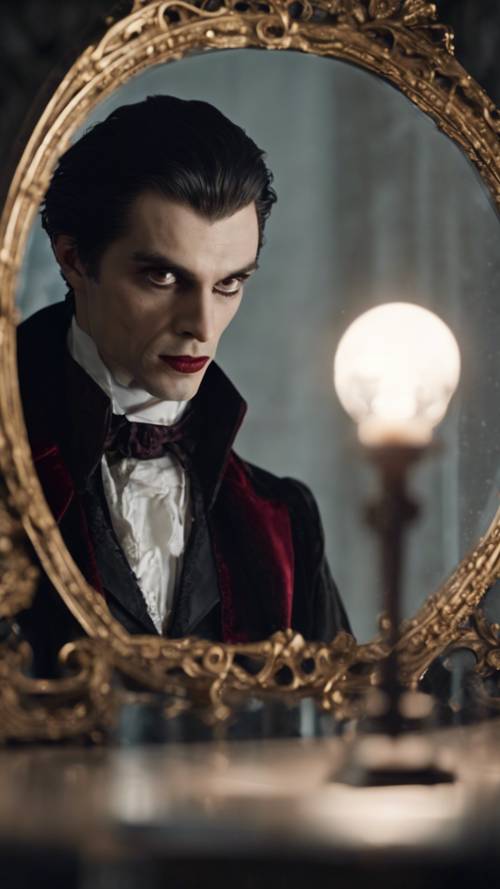 Un vampiro mirando un espejo vacío donde debería estar su reflejo.