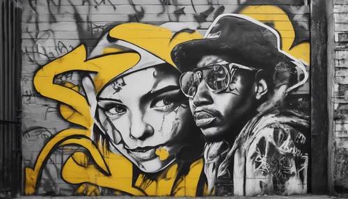 An old black and white photograph meeting colorful graffiti art, with yellow tones emerging from the gray.