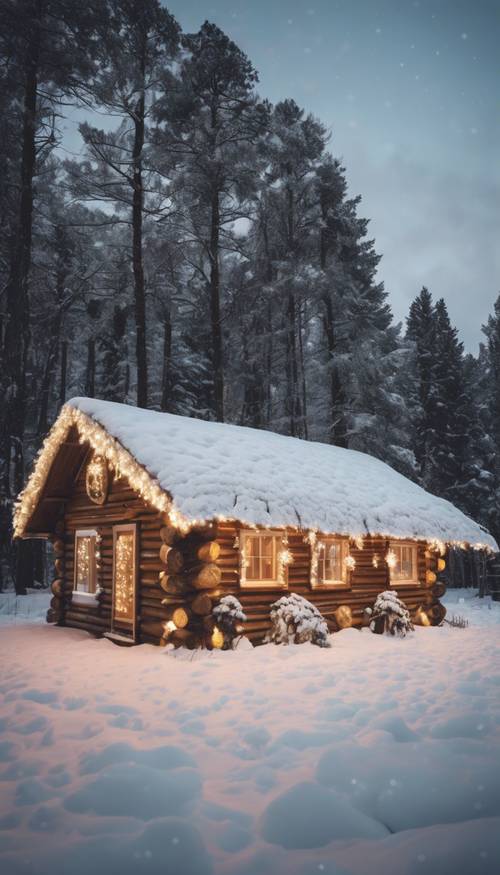 Vue esthétique d&#39;une cabane en rondins recouverte de neige et décorée de chaleureuses lumières du Nouvel An.