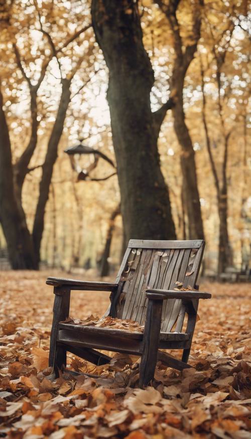 Một chiếc ghế mộc mạc cũ ngồi giữa những chiếc lá rơi trong lùm cây.