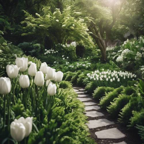 Un giardino con varie felci verdi e tulipani bianchi che crescono in armonia.