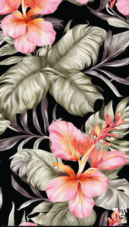 Simsiyah bir arka plan üzerinde egzotik bitki örtüsünü vurgulayan tropikal çiçekli damask tasarımı.