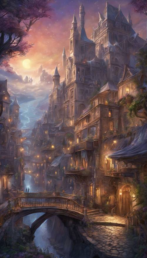 Une ville fantastique animée débordant d’énergie magique lors d’une nuit étoilée.
