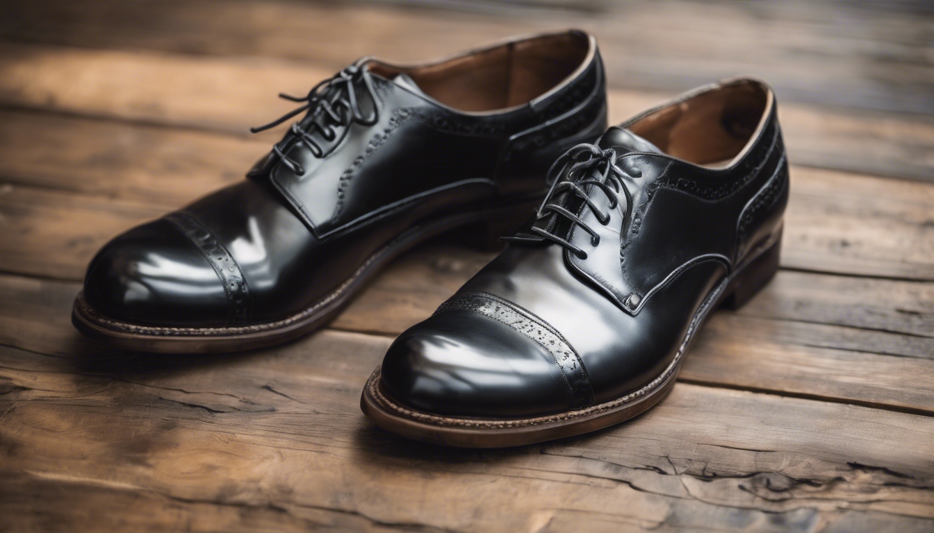 A pair of polished leather Oxford shoes on a rustic wooden floor. Tapéta[c350392c7f4540fa8d14]