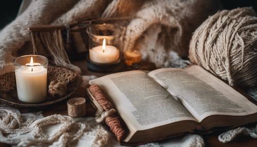 Mesa antigua con una Biblia abierta, un candelabro boho y un chal de oración tejido a mano.