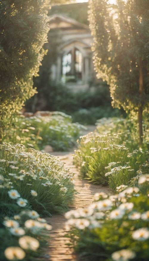 A whimsical garden path lined with sage green daisies in morning light. Tapeta [7844287b1b4f4732a4f3]