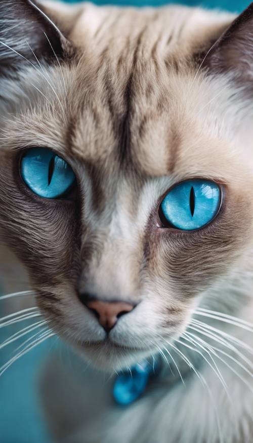 一隻長著明亮藍眼睛的老年暹羅貓的肖像。