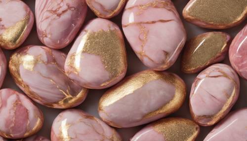 Detalhe em close do grão em uma pedra de mármore rosa e dourado.