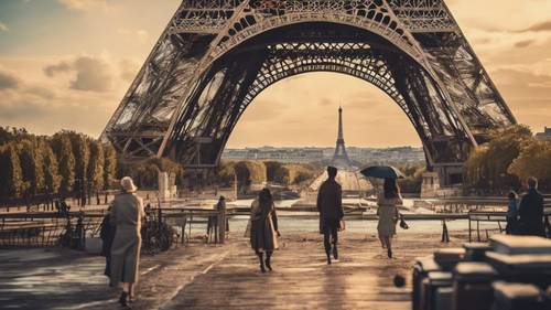 Representação em estilo novela gráfica da Torre Eiffel em uma cena cheia de ação. Papel de parede [5bf017ef1ba1491e8da7]