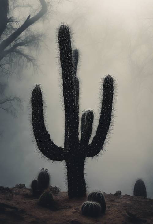 Czarny kaktus spowity mistyczną mgłą, tworząc niesamowitą atmosferę.