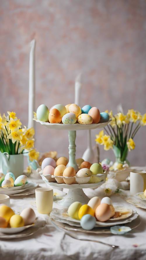 Sebuah meja berisi brunch Paskah, cat pastel dengan percikan telur paskah dan bunga bakung sebagai pusatnya.