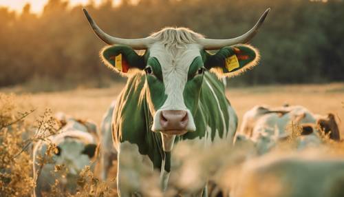 A sage green cow with eye-catching white spots standing out from the herd against the background of a golden sunset. Wallpaper [949a4deb341d45308556]