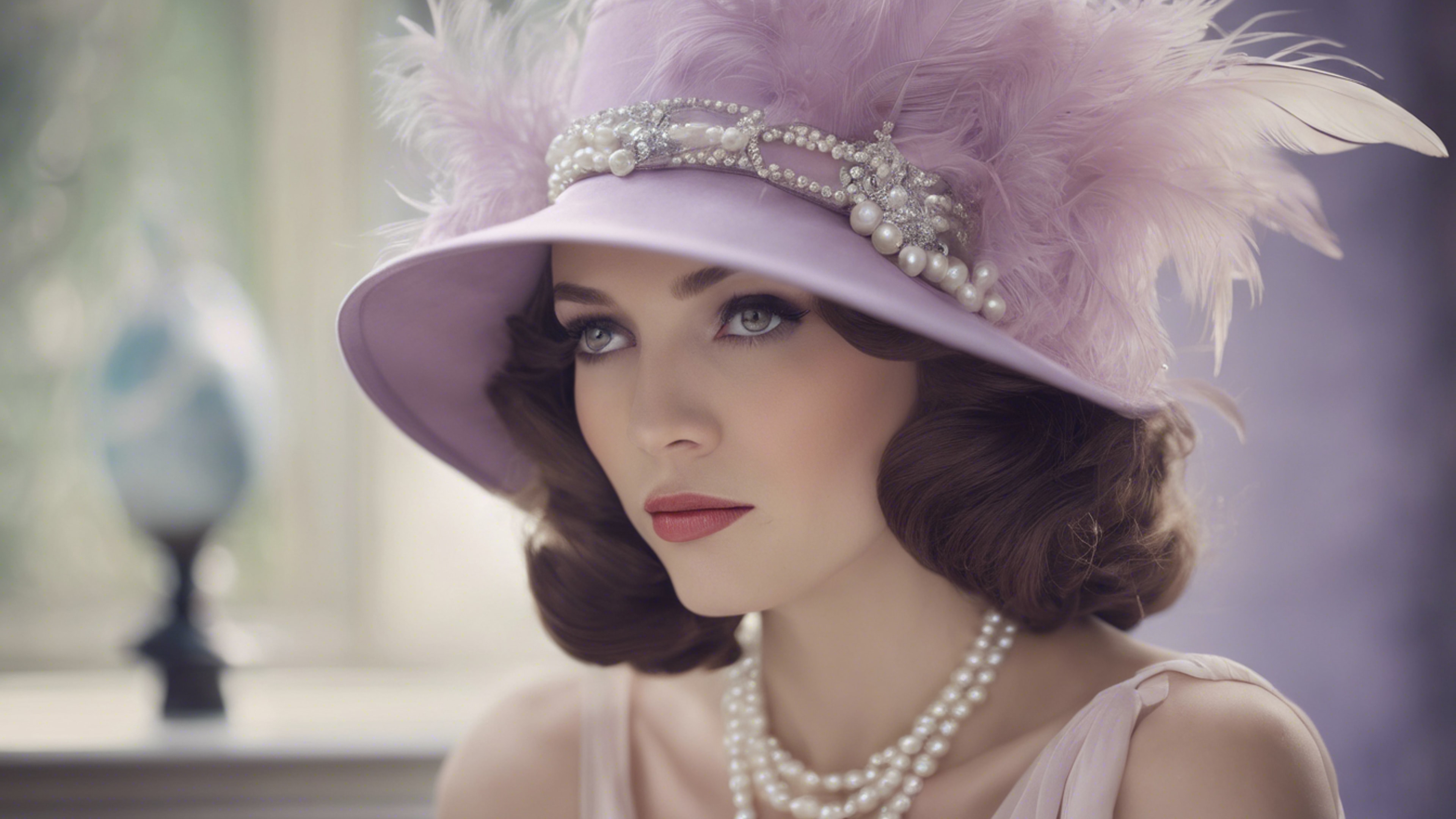 An elegant pastel purple hat adorned with feathers and pearls, typical of 1920’s fashion. Tapeet[175d38ecde9e405fb27c]