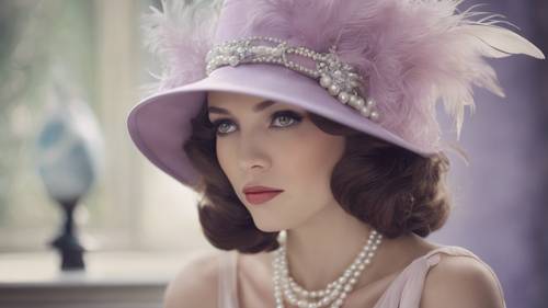 Elegancki pastelowofioletowy kapelusz ozdobiony piórami i perłami, typowy dla mody lat 20-tych.