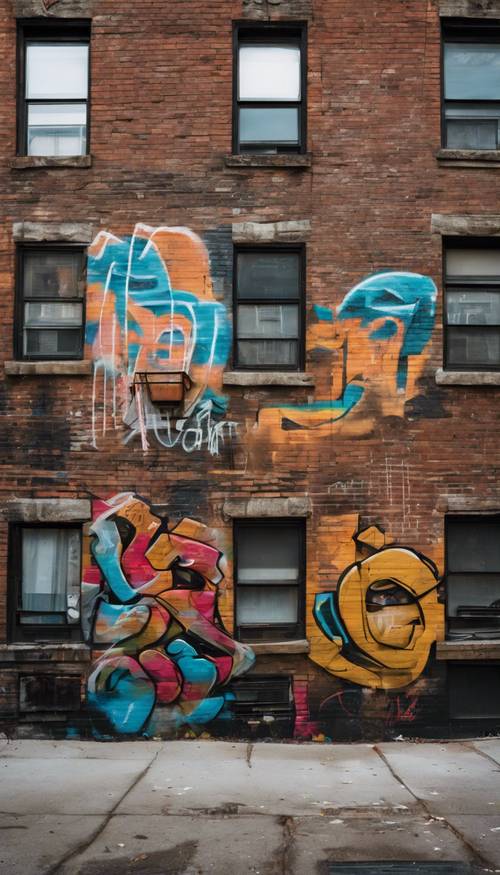 A street in Brooklyn adorned with modern graffiti art on brick walls. Tapet [3e0fcd890fe841a9b36a]