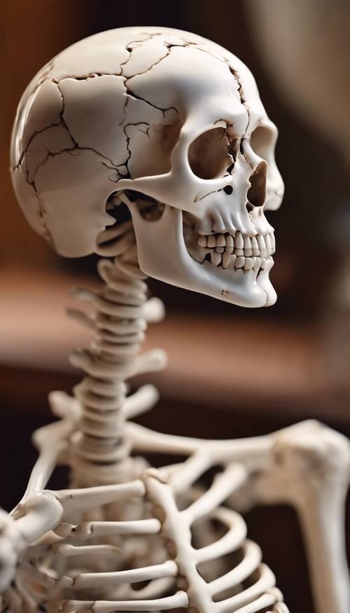Porcelanowy szkielet, misternie wykonany, spoczywający na zabytkowym stole z palisandru.