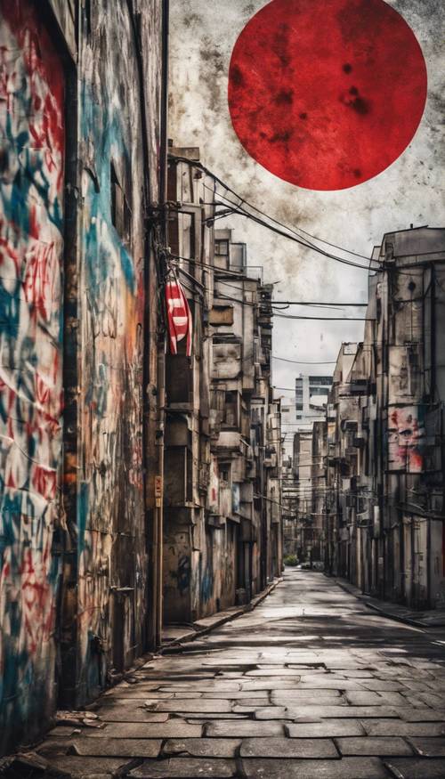 Eine im schrillen Grunge-Stil aufgesprühte japanische Flagge auf einer mit Graffiti besprühten Stadtmauer.