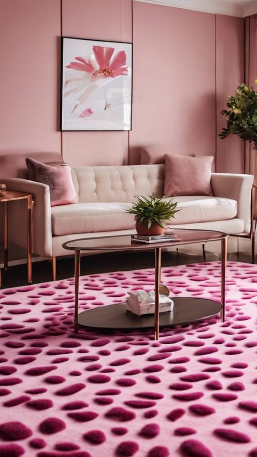 Ein Wohnzimmerteppich mit übergroßen rosa Gepardenflecken.