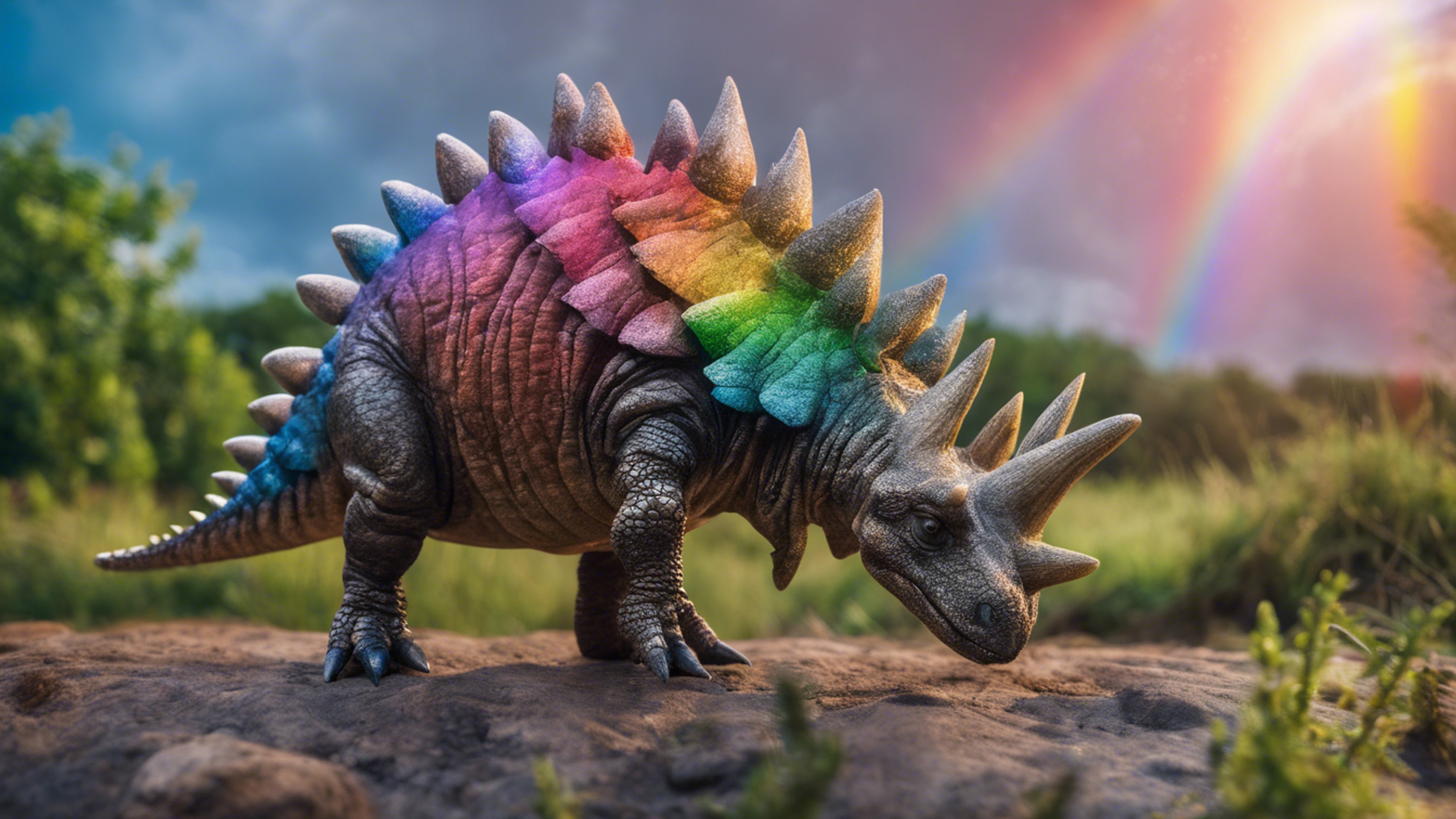 A Stegosaurus under a magnificent rainbow, with scales that match the rainbow's colors. Wallpaper[90c377aec5ac43fa97b8]