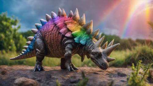 A Stegosaurus under a magnificent rainbow, with scales that match the rainbow's colors.