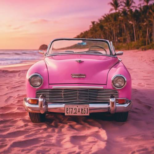 รถเปิดประทุนสไตล์วินเทจจอดอยู่บนชายหาดยามพระอาทิตย์ตกดิน ทาสีในเฉดสีชมพูเย็นตาที่มีชีวิตชีวา