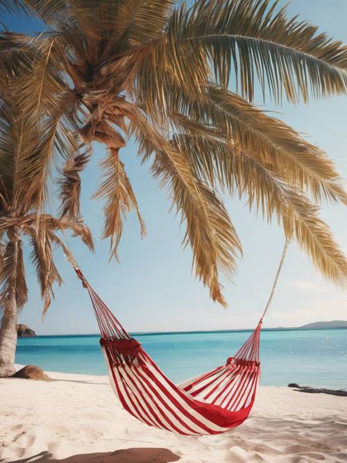 A red and white striped hammock swaying gently between two palm trees on a sandy beach overlooking a serene blue sea.