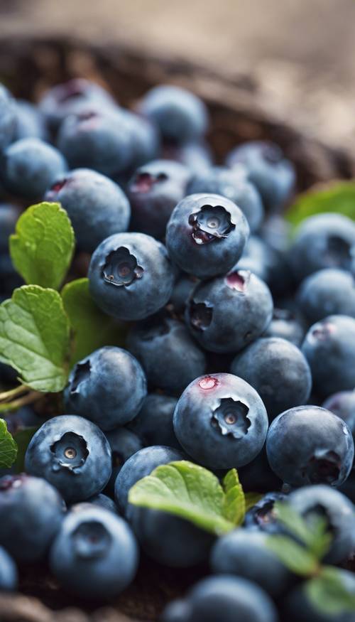 Close up of a cluster of ripe, fresh blueberries.