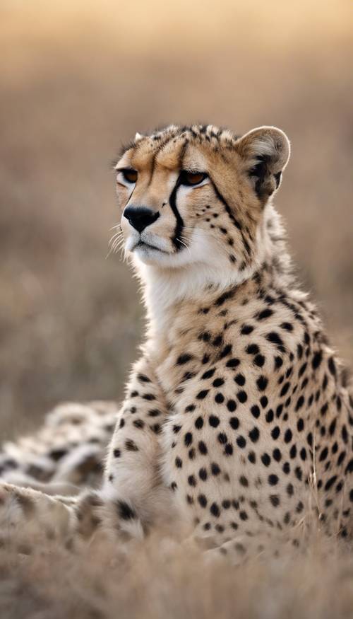 Ein exquisiter Gepard, der sich in der offenen afrikanischen Savanne ausruht. Sein Fell ist wunderschön mit grauen und schwarzen Flecken gesprenkelt.