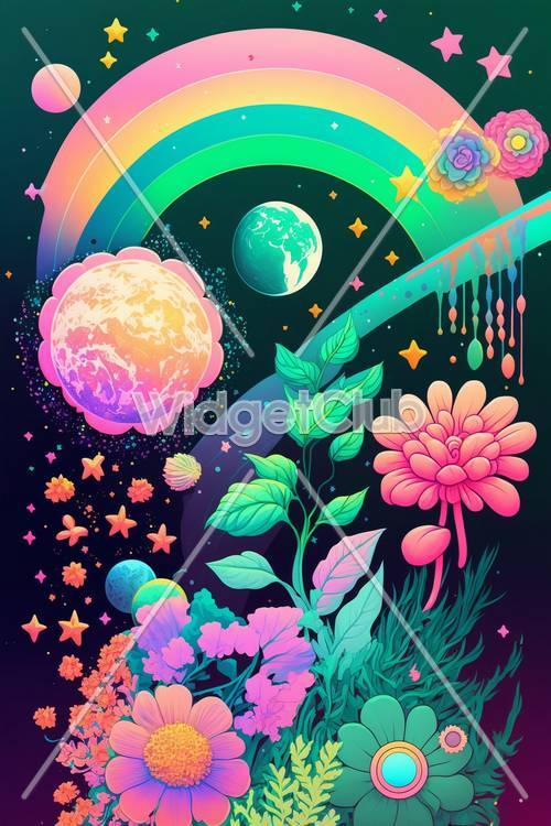 Colorido jardín espacial con arcoíris y planetas