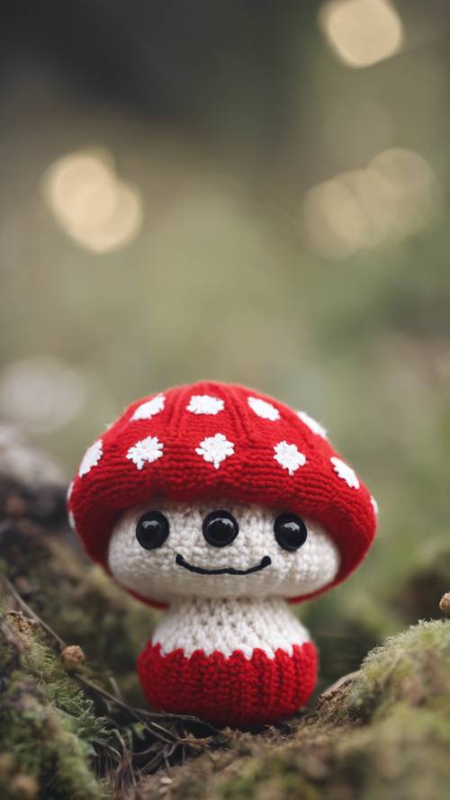 A detailed depiction of a cute, hand-knitted plushie inspired by a fly agaric mushroom, complete with white spots and a red cap.