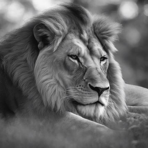 Photograph of a sleeping lion in black and white, capturing its serene yet powerful nature.