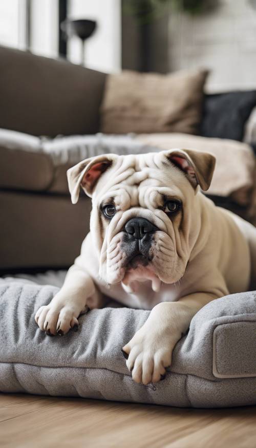 A lazy bulldog puppy lounging on a cozy dog bed in a modern living room.
