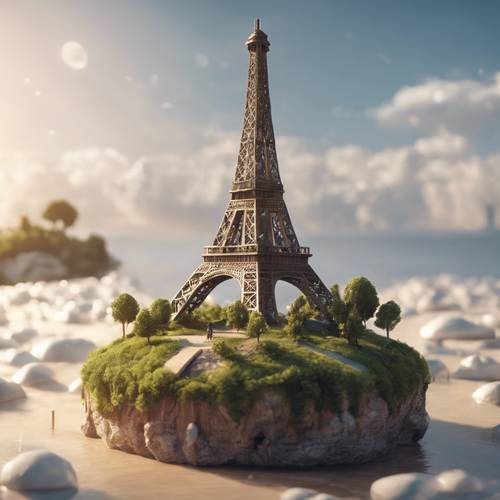 Um conceito de fantasia com a Torre Eiffel pairando sobre uma ilha flutuante.