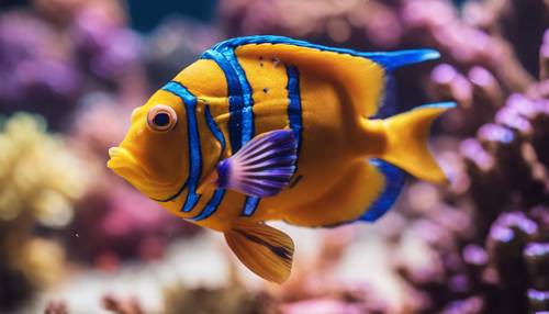 Primo piano di un simpatico pesce tropicale dai colori vivaci che nuota attraverso le barriere coralline.