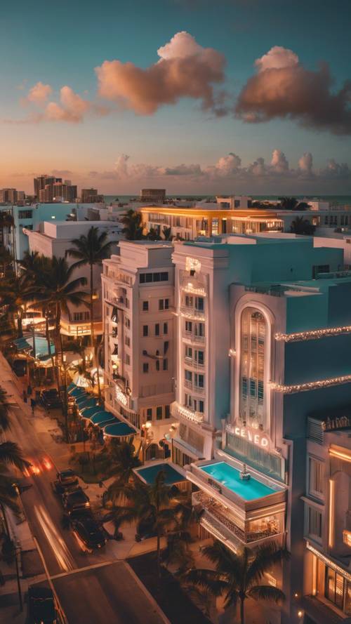 鸟瞰图展示了黄昏时分迈阿密海洋大道上令人惊叹的装饰艺术建筑，灯火辉煌。