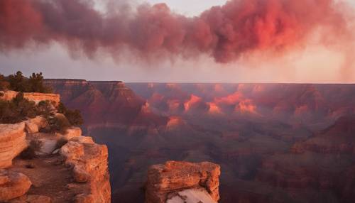 Gęsty czerwony dym wypełniający wielki kanion podczas zachodu słońca.